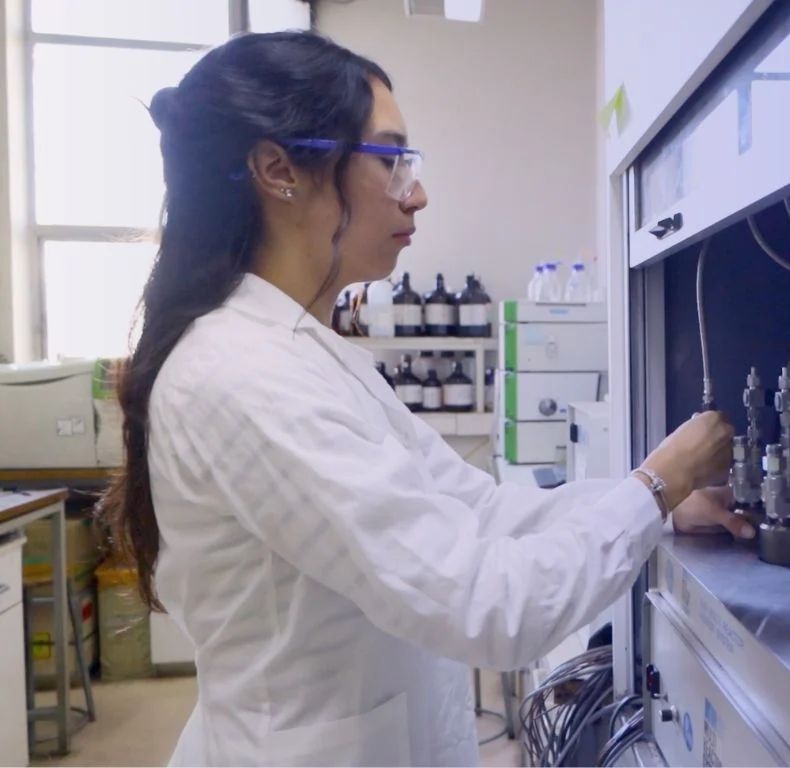 Estudiante trabajando en una campana de laboratorio